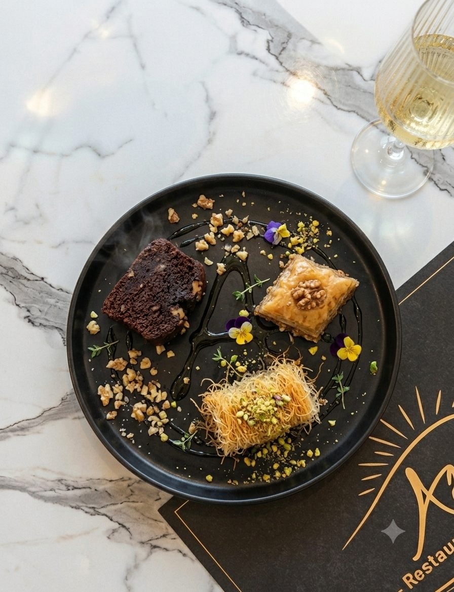 Homemade desserts: brownie, baklava, kataifi