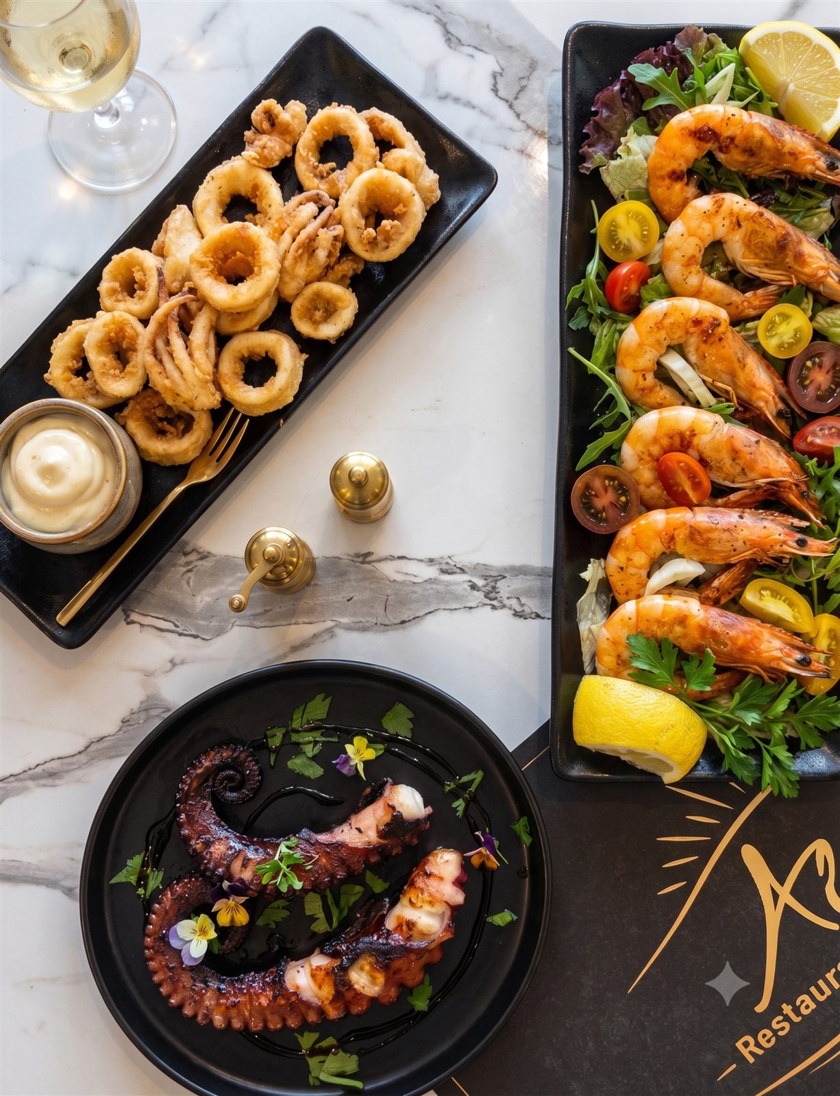Seafood platter with calamari, shrimp and octopus at Aigli